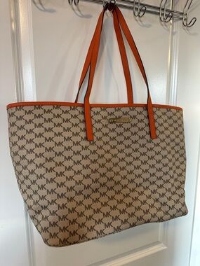 Michael Kors Beige MK Logo Tote with Orange Trim
